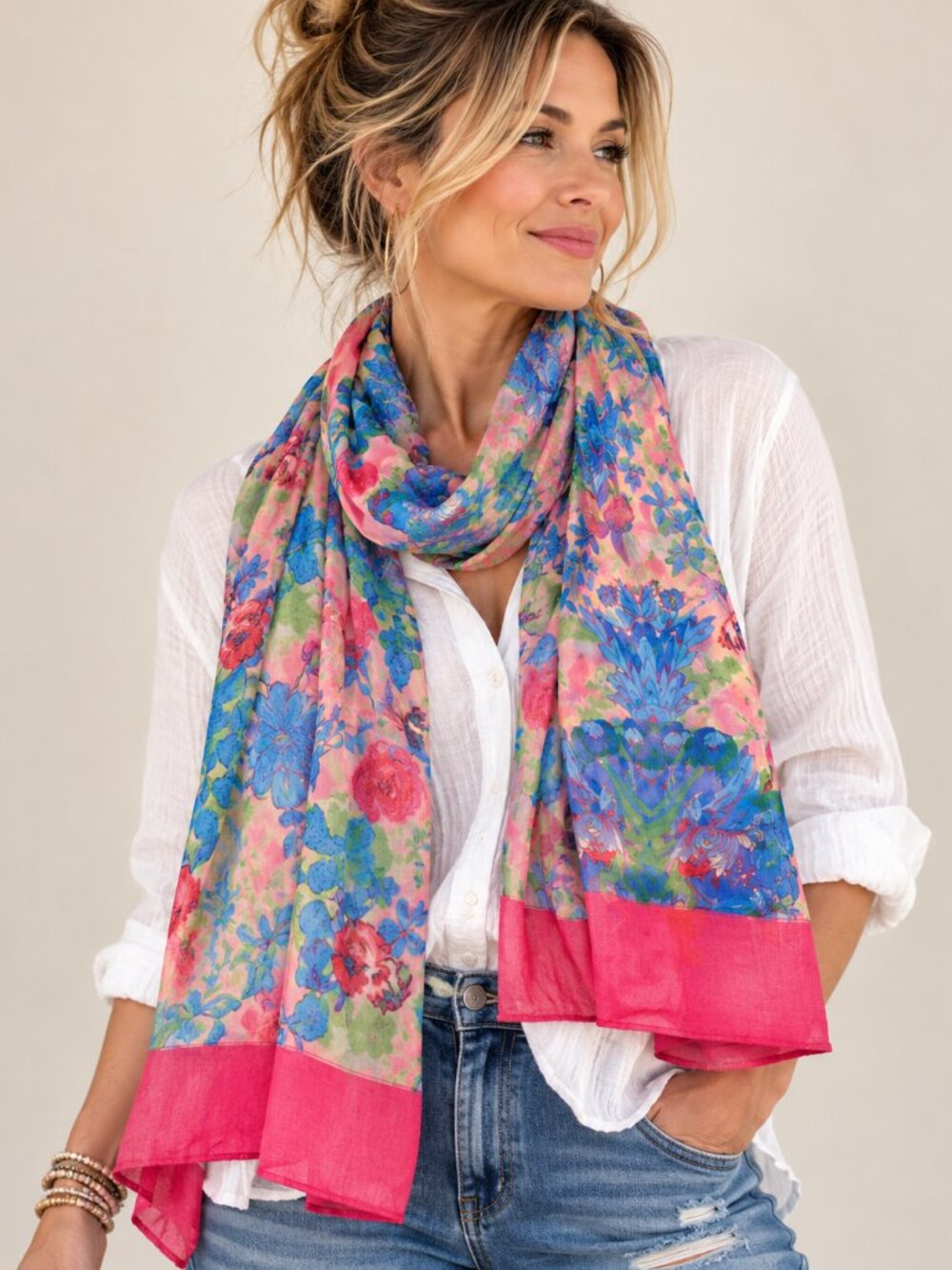 871 - Boho Floral Scarf Pink Blue Botanical Print Lightweight Wrap